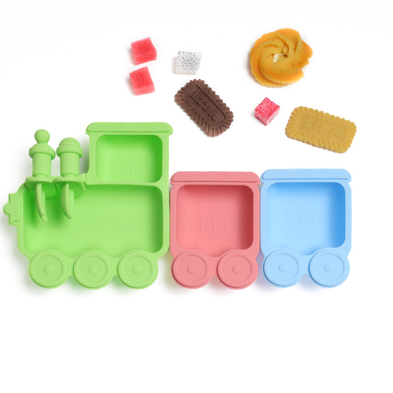 Train Silicone Baby Feeding Plate | Cartoon Divided Suction Plate with Fork and Spoon | Heat Resistant Tableware | Microwave Safe Toddler Dish Set