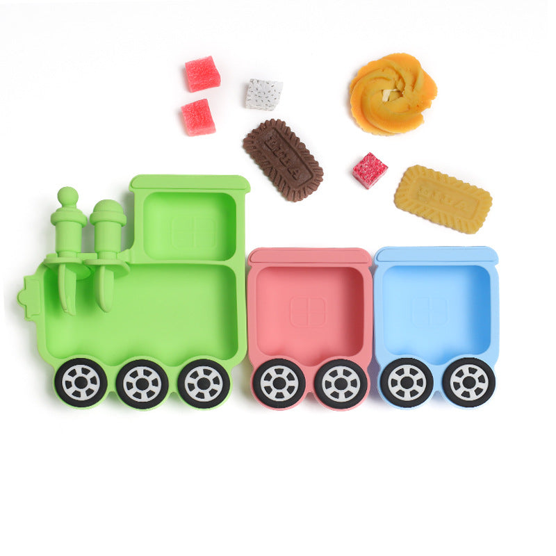 Train Silicone Baby Feeding Plate | Cartoon Divided Suction Plate with Fork and Spoon | Heat Resistant Tableware | Microwave Safe Toddler Dish Set