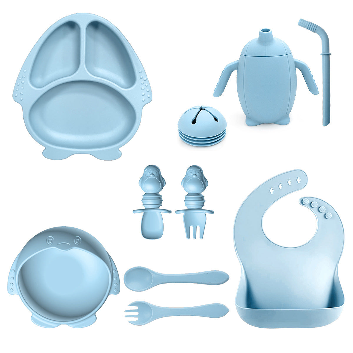 New Silicone Baby Feeding Set | 10pcs Penguin Silicone Tableware for Kids | Baby Suction Bowl & Spoon Set | BPA Free Toddler Dinnerware