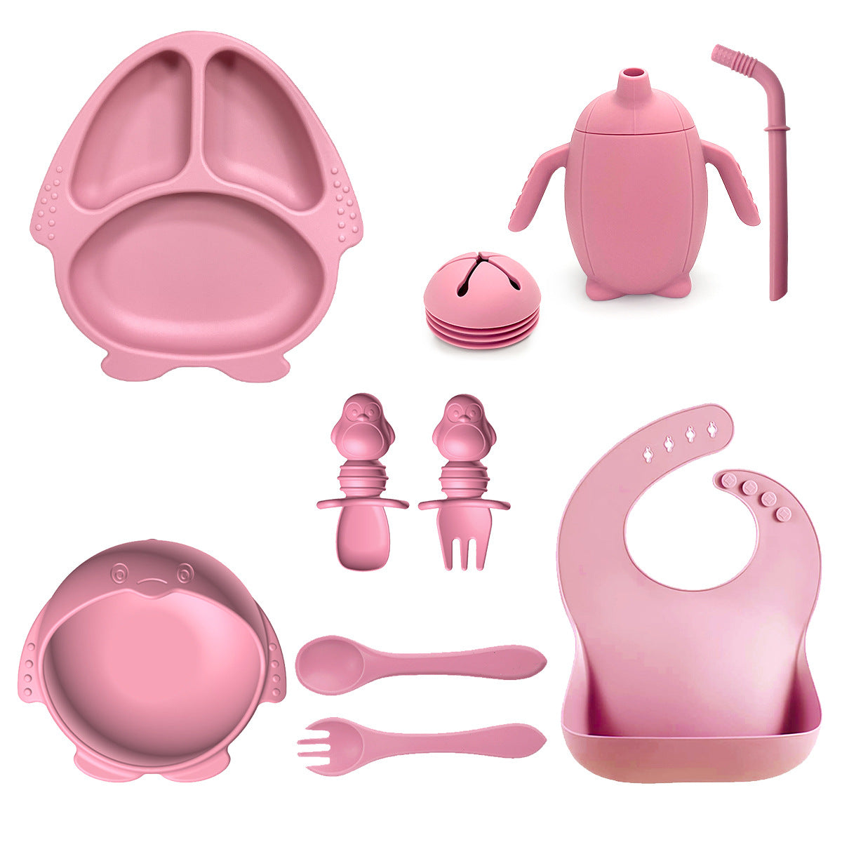 New Silicone Baby Feeding Set | 10pcs Penguin Silicone Tableware for Kids | Baby Suction Bowl & Spoon Set | BPA Free Toddler Dinnerware