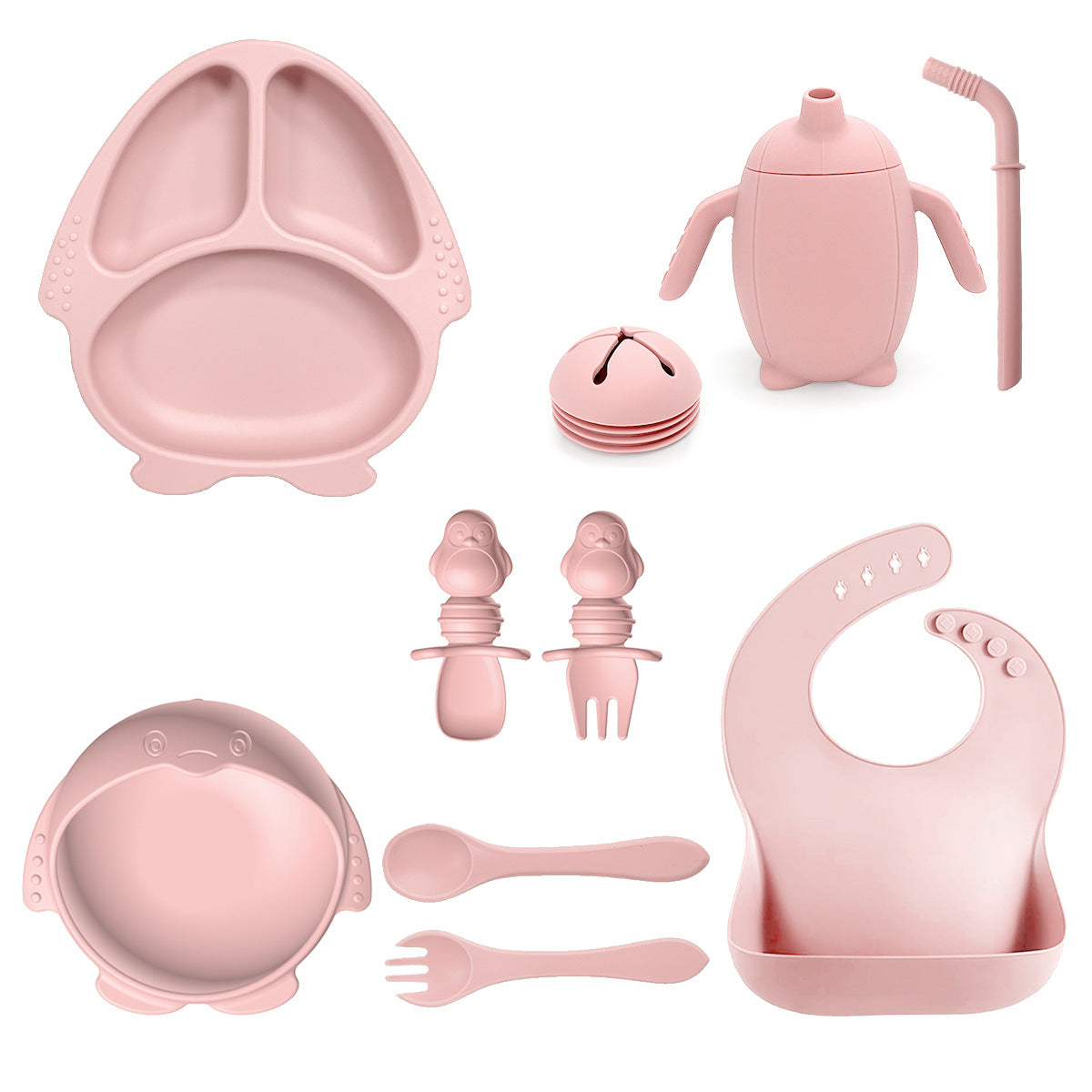 New Silicone Baby Feeding Set | 10pcs Penguin Silicone Tableware for Kids | Baby Suction Bowl & Spoon Set | BPA Free Toddler Dinnerware