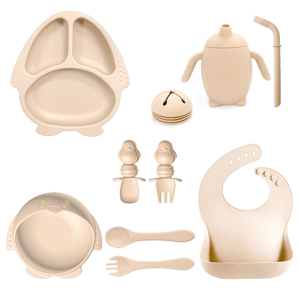 New Silicone Baby Feeding Set | 10pcs Penguin Silicone Tableware for Kids | Baby Suction Bowl & Spoon Set | BPA Free Toddler Dinnerware