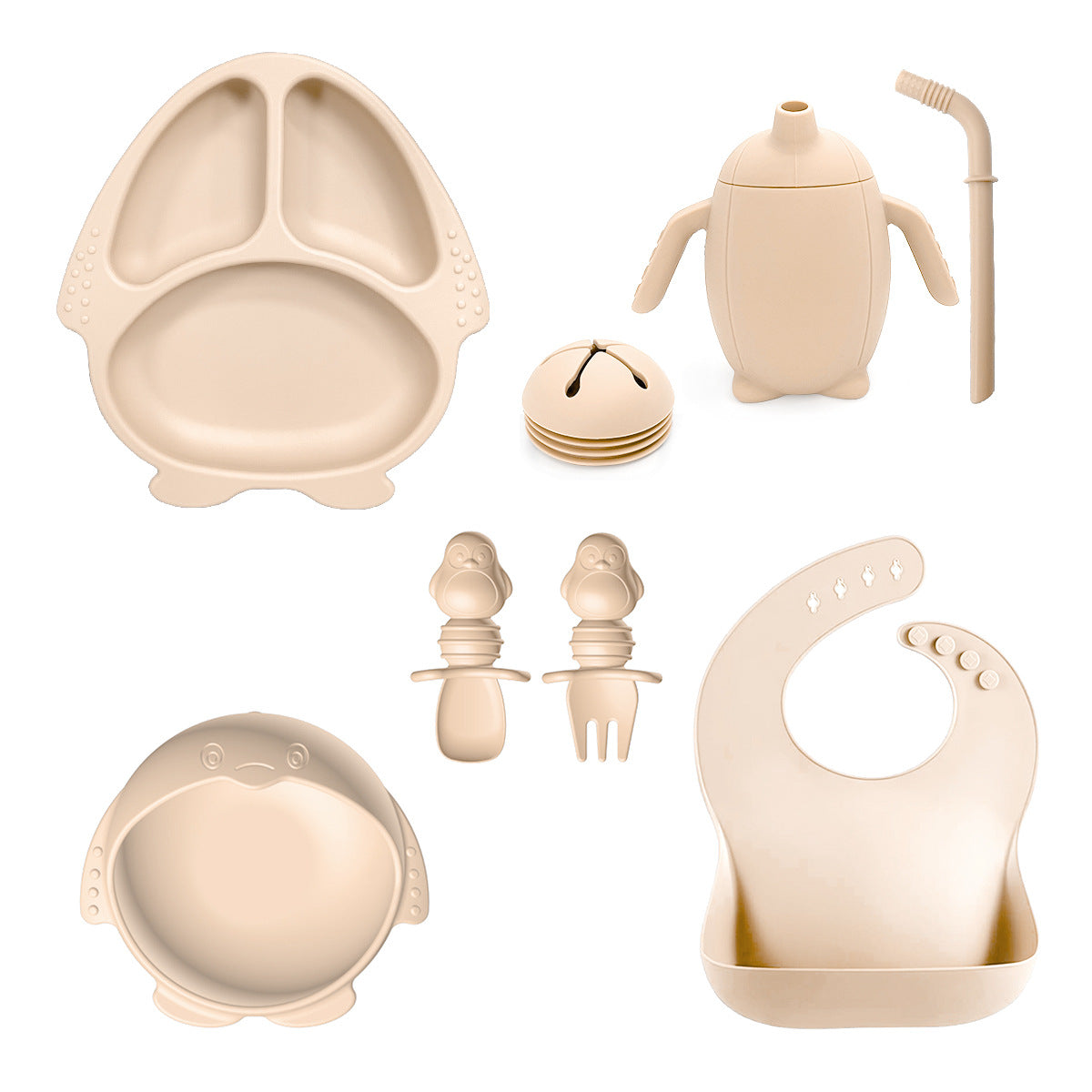 New Silicone Baby Feeding Set | 10pcs Penguin Silicone Tableware for Kids | Baby Suction Bowl & Spoon Set | BPA Free Toddler Dinnerware