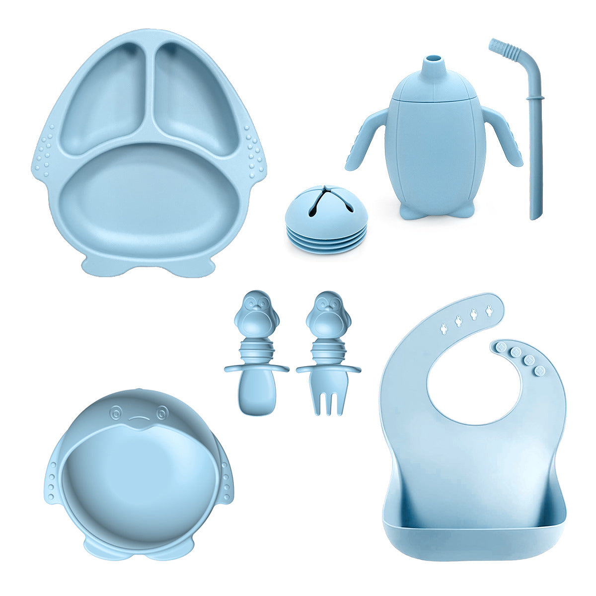 New Silicone Baby Feeding Set | 10pcs Penguin Silicone Tableware for Kids | Baby Suction Bowl & Spoon Set | BPA Free Toddler Dinnerware