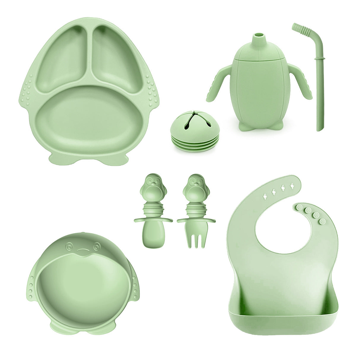 New Silicone Baby Feeding Set | 10pcs Penguin Silicone Tableware for Kids | Baby Suction Bowl & Spoon Set | BPA Free Toddler Dinnerware