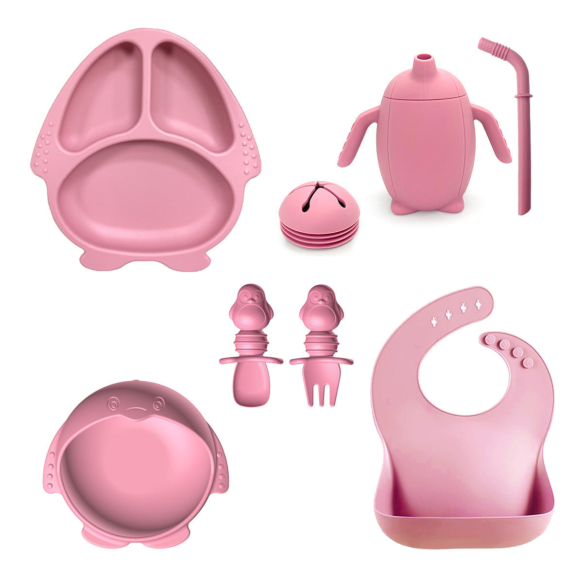 New Silicone Baby Feeding Set | 10pcs Penguin Silicone Tableware for Kids | Baby Suction Bowl & Spoon Set | BPA Free Toddler Dinnerware