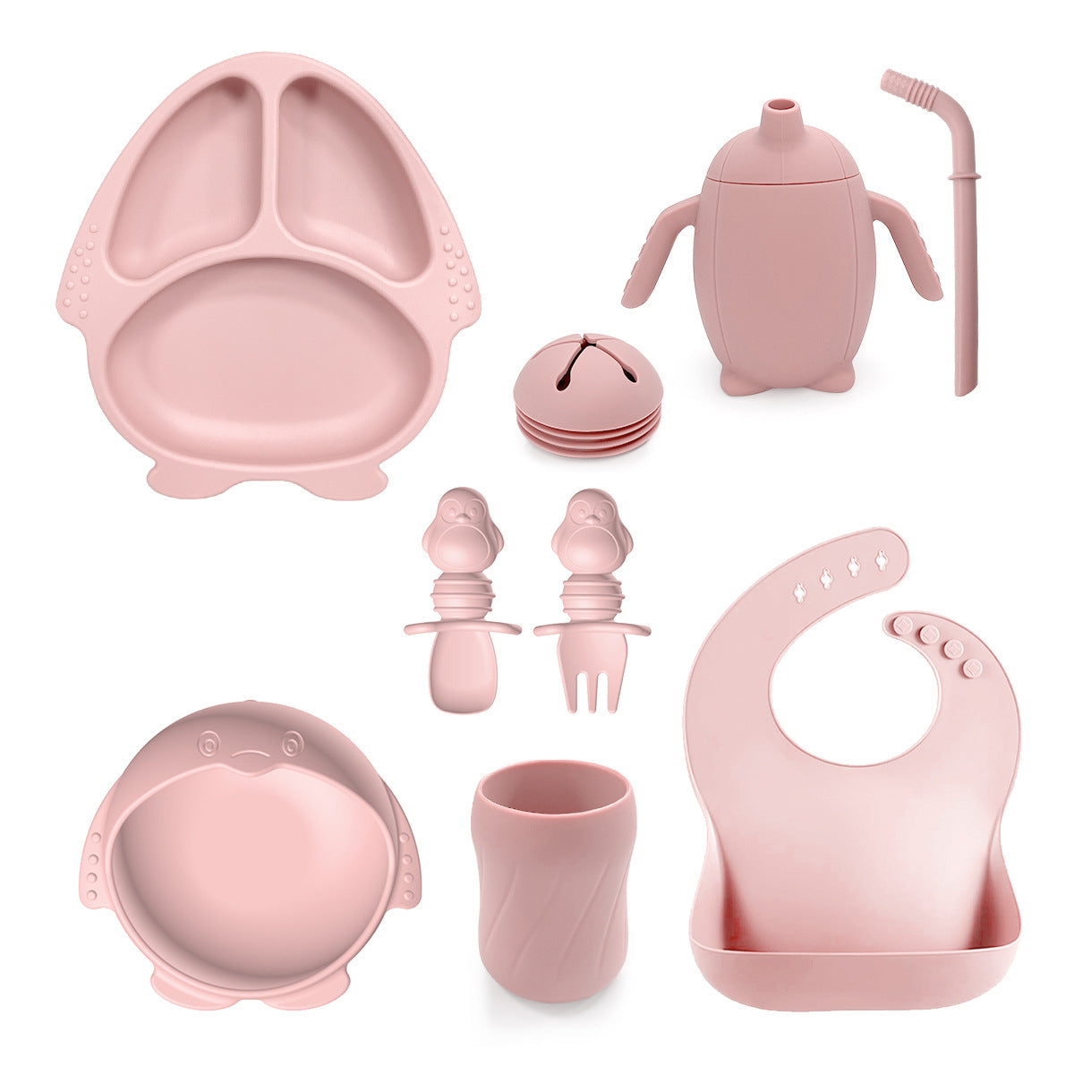 New Silicone Baby Feeding Set | 10pcs Penguin Silicone Tableware for Kids | Baby Suction Bowl & Spoon Set | BPA Free Toddler Dinnerware
