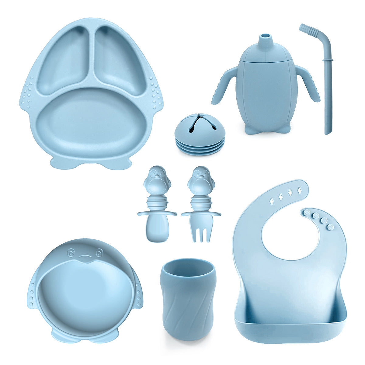 New Silicone Baby Feeding Set | 10pcs Penguin Silicone Tableware for Kids | Baby Suction Bowl & Spoon Set | BPA Free Toddler Dinnerware