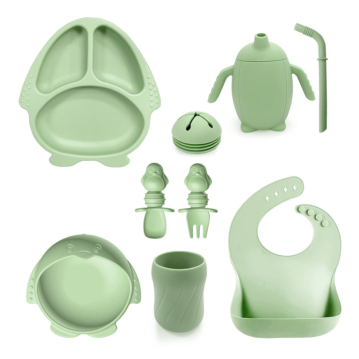 New Silicone Baby Feeding Set | 10pcs Penguin Silicone Tableware for Kids | Baby Suction Bowl & Spoon Set | BPA Free Toddler Dinnerware