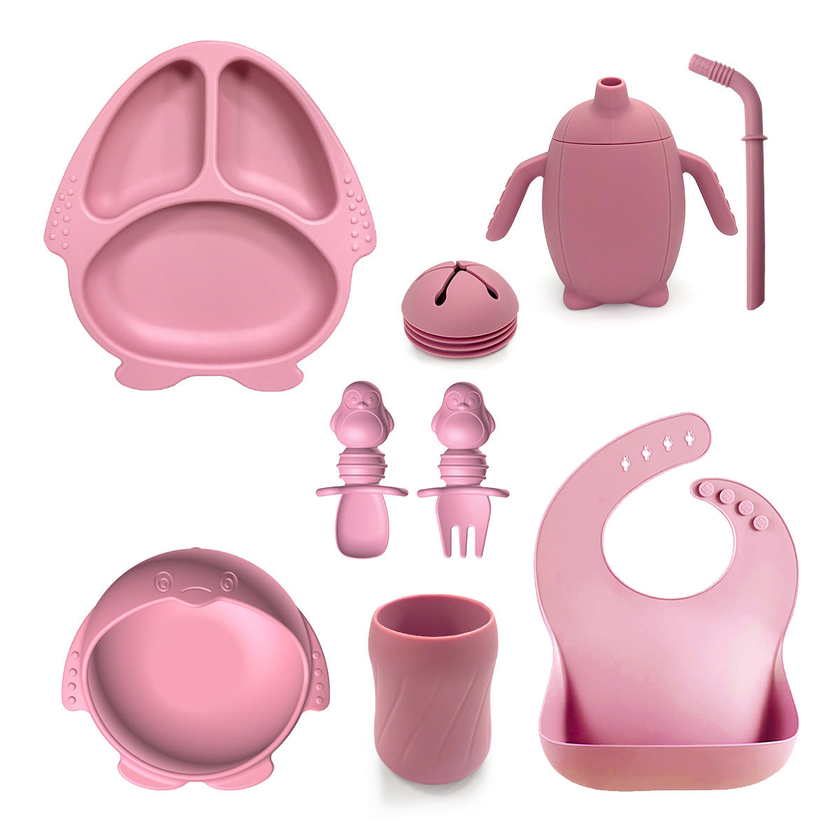 New Silicone Baby Feeding Set | 10pcs Penguin Silicone Tableware for Kids | Baby Suction Bowl & Spoon Set | BPA Free Toddler Dinnerware