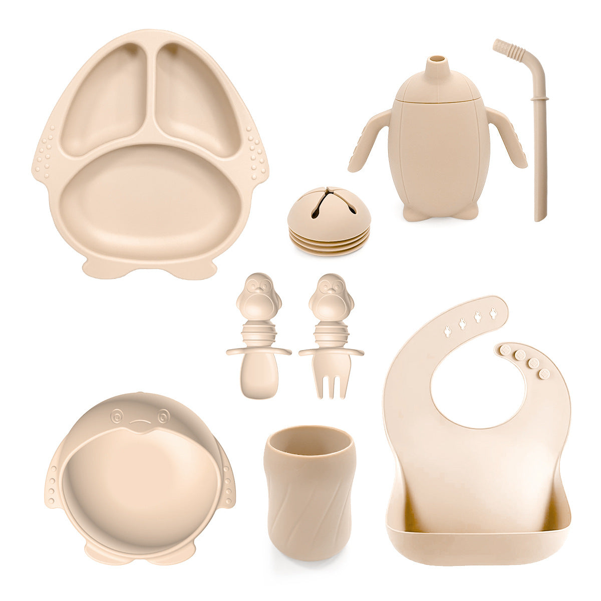 New Silicone Baby Feeding Set | 10pcs Penguin Silicone Tableware for Kids | Baby Suction Bowl & Spoon Set | BPA Free Toddler Dinnerware