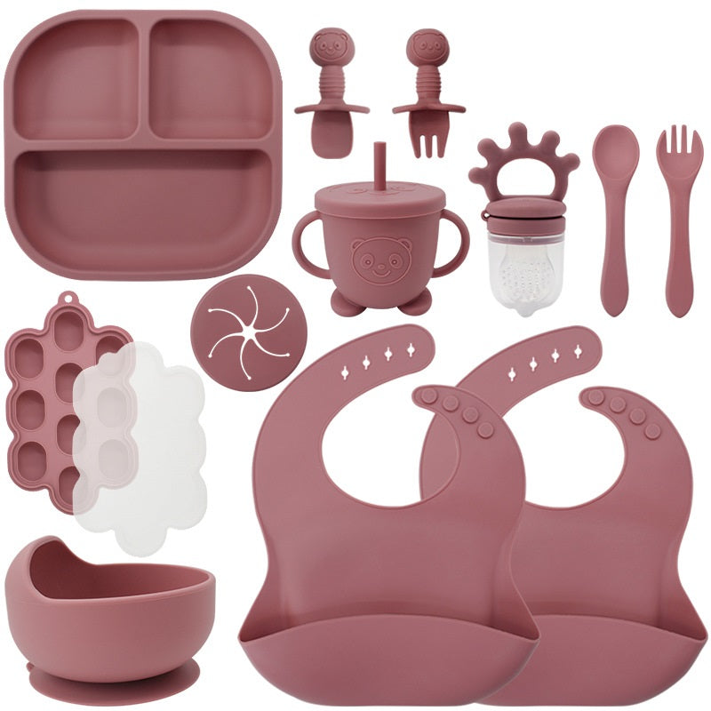 Baby Silicone Feeding Set | 13-Piece Food-Grade Tableware Kit | Non-Slip Suction Bowl + Spoon + Plate | Waterproof Bib Included | BPA-Free & Dishwasher Safe