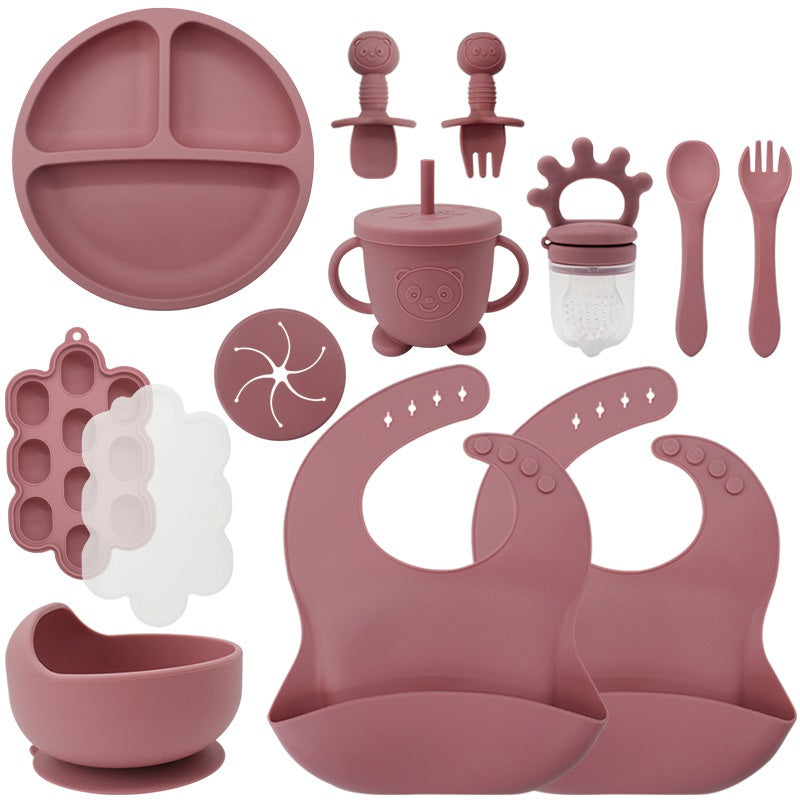 Baby Silicone Feeding Set | 13-Piece Food-Grade Tableware Kit | Non-Slip Suction Bowl + Spoon + Plate | Waterproof Bib Included | BPA-Free & Dishwasher Safe
