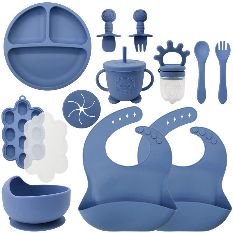 Baby Silicone Feeding Set | 13-Piece Food-Grade Tableware Kit | Non-Slip Suction Bowl + Spoon + Plate | Waterproof Bib Included | BPA-Free & Dishwasher Safe