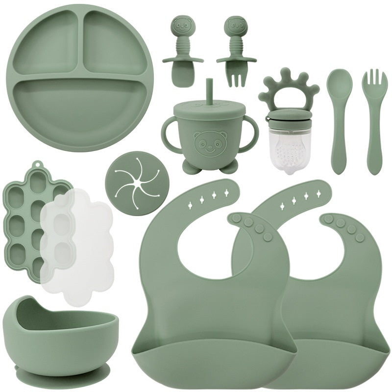 Baby Silicone Feeding Set | 13-Piece Food-Grade Tableware Kit | Non-Slip Suction Bowl + Spoon + Plate | Waterproof Bib Included | BPA-Free & Dishwasher Safe