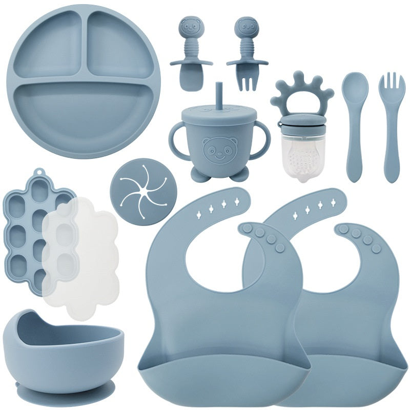 Baby Silicone Feeding Set | 13-Piece Food-Grade Tableware Kit | Non-Slip Suction Bowl + Spoon + Plate | Waterproof Bib Included | BPA-Free & Dishwasher Safe