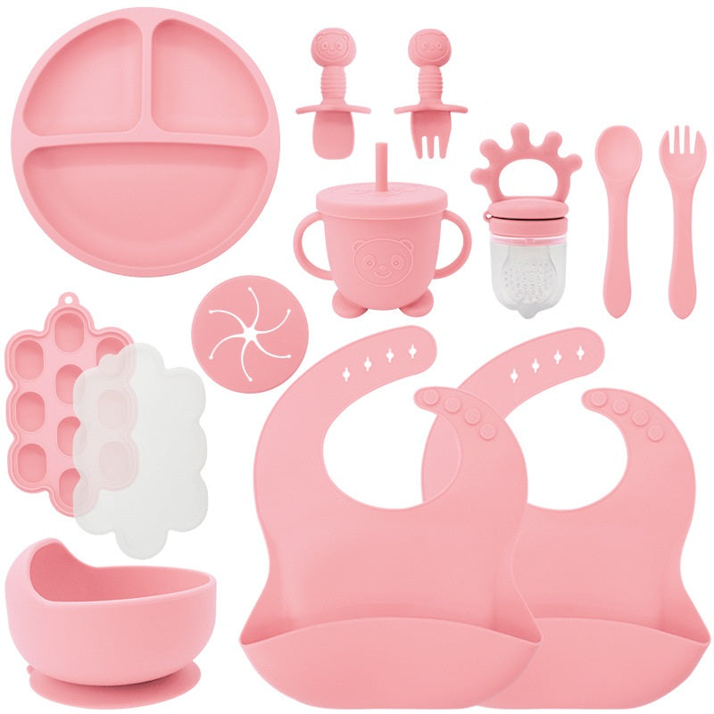 Baby Silicone Feeding Set | 13-Piece Food-Grade Tableware Kit | Non-Slip Suction Bowl + Spoon + Plate | Waterproof Bib Included | BPA-Free & Dishwasher Safe