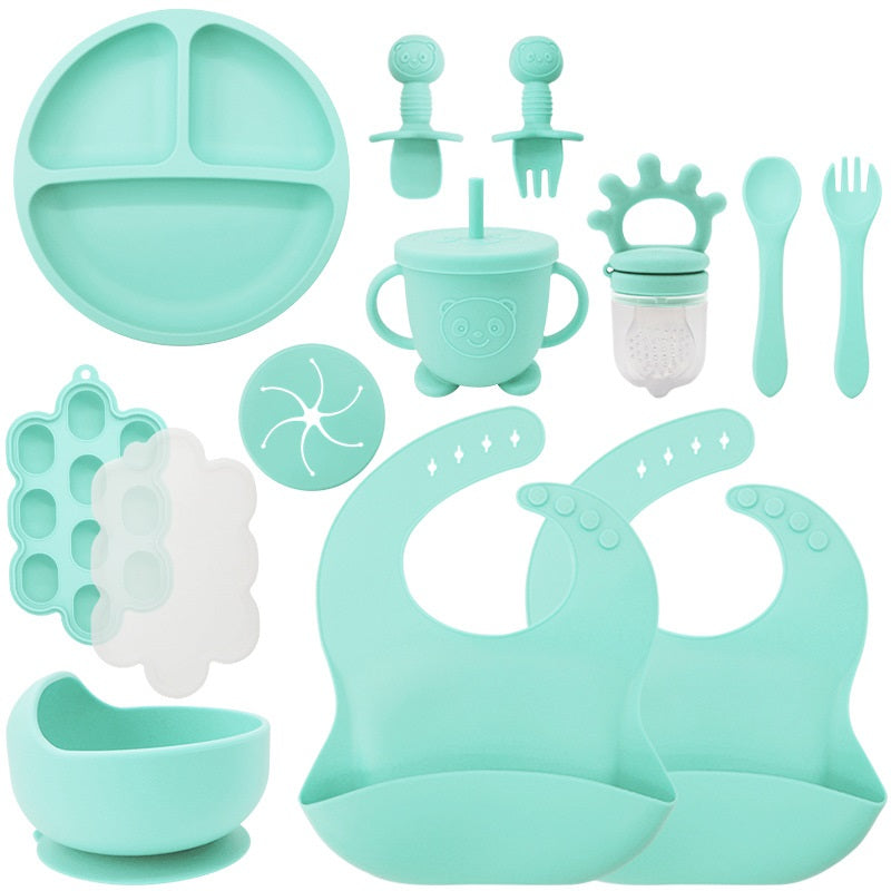 Baby Silicone Feeding Set | 13-Piece Food-Grade Tableware Kit | Non-Slip Suction Bowl + Spoon + Plate | Waterproof Bib Included | BPA-Free & Dishwasher Safe