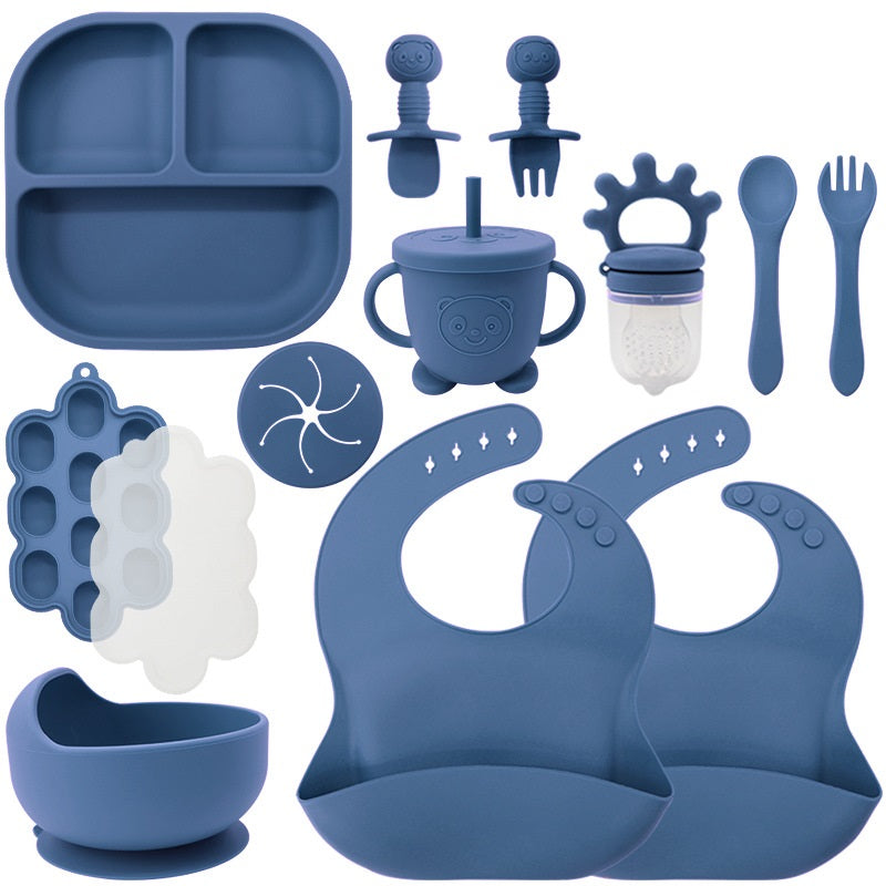Baby Silicone Feeding Set | 13-Piece Food-Grade Tableware Kit | Non-Slip Suction Bowl + Spoon + Plate | Waterproof Bib Included | BPA-Free & Dishwasher Safe