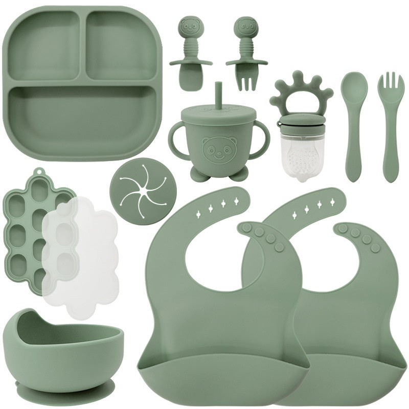 Baby Silicone Feeding Set | 13-Piece Food-Grade Tableware Kit | Non-Slip Suction Bowl + Spoon + Plate | Waterproof Bib Included | BPA-Free & Dishwasher Safe