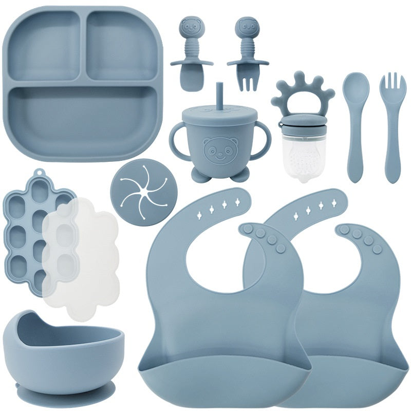 Baby Silicone Feeding Set | 13-Piece Food-Grade Tableware Kit | Non-Slip Suction Bowl + Spoon + Plate | Waterproof Bib Included | BPA-Free & Dishwasher Safe