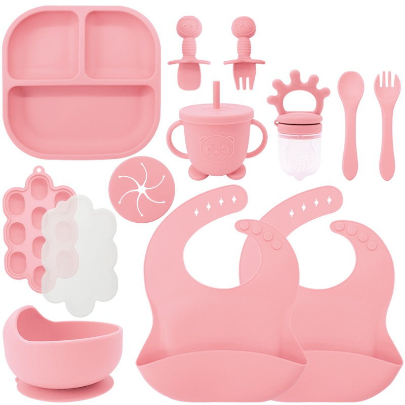 Baby Silicone Feeding Set | 13-Piece Food-Grade Tableware Kit | Non-Slip Suction Bowl + Spoon + Plate | Waterproof Bib Included | BPA-Free & Dishwasher Safe