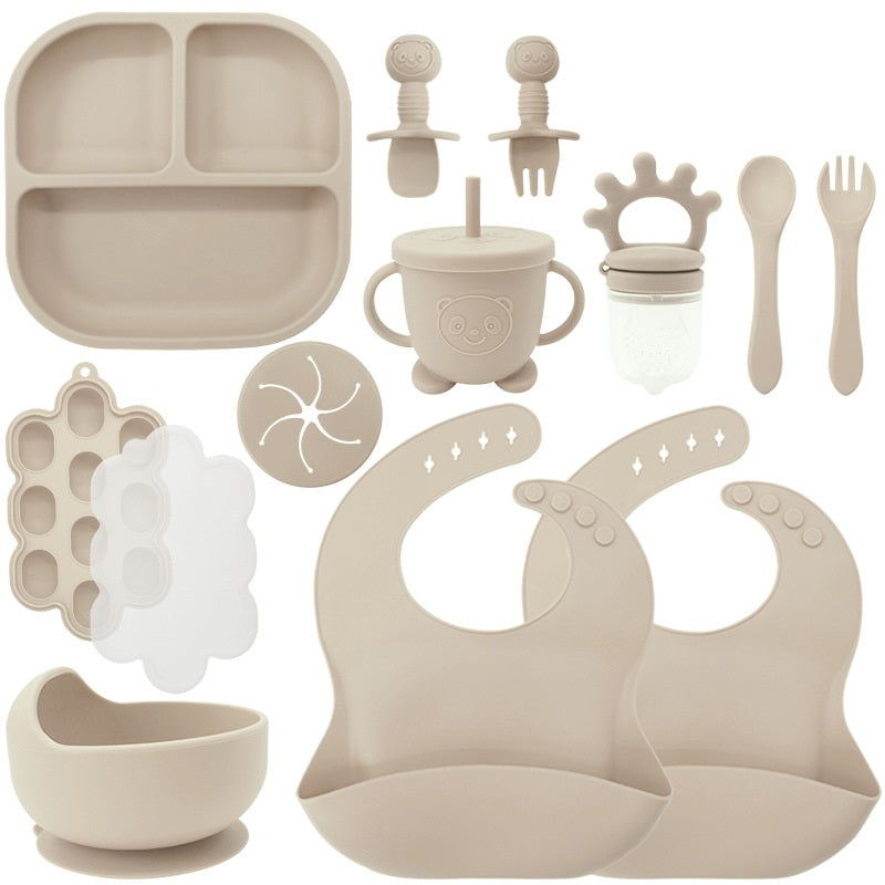 Baby Silicone Feeding Set | 13-Piece Food-Grade Tableware Kit | Non-Slip Suction Bowl + Spoon + Plate | Waterproof Bib Included | BPA-Free & Dishwasher Safe