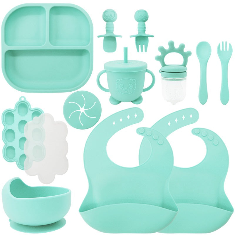 Baby Silicone Feeding Set | 13-Piece Food-Grade Tableware Kit | Non-Slip Suction Bowl + Spoon + Plate | Waterproof Bib Included | BPA-Free & Dishwasher Safe