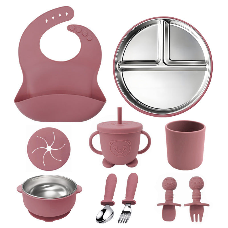 304 Stainless Steel Kids Tableware Set | 10-Piece Baby Feeding Bowl & Plate Combo | Durable Child-Safe Dishware | Includes Bib & Utensils | BPA-Free Non-Slip Base