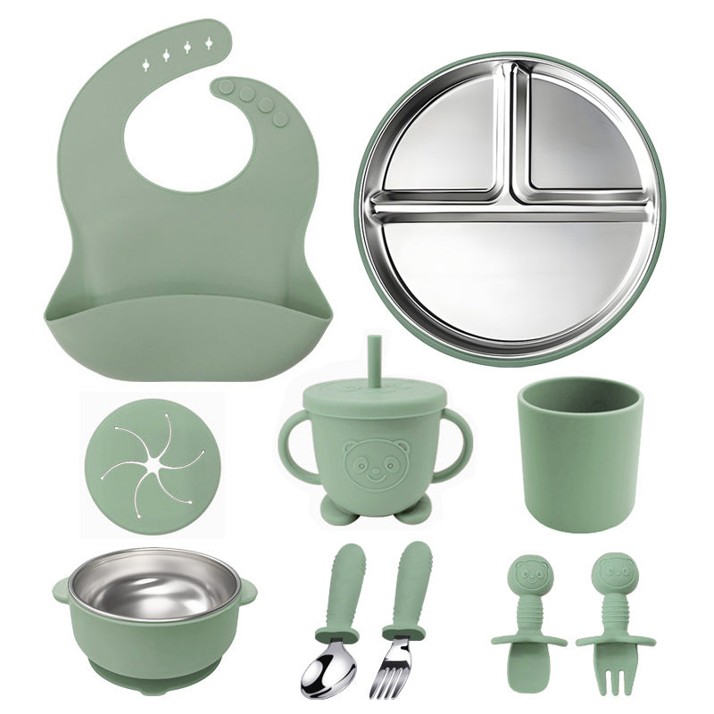 304 Stainless Steel Kids Tableware Set | 10-Piece Baby Feeding Bowl & Plate Combo | Durable Child-Safe Dishware | Includes Bib & Utensils | BPA-Free Non-Slip Base
