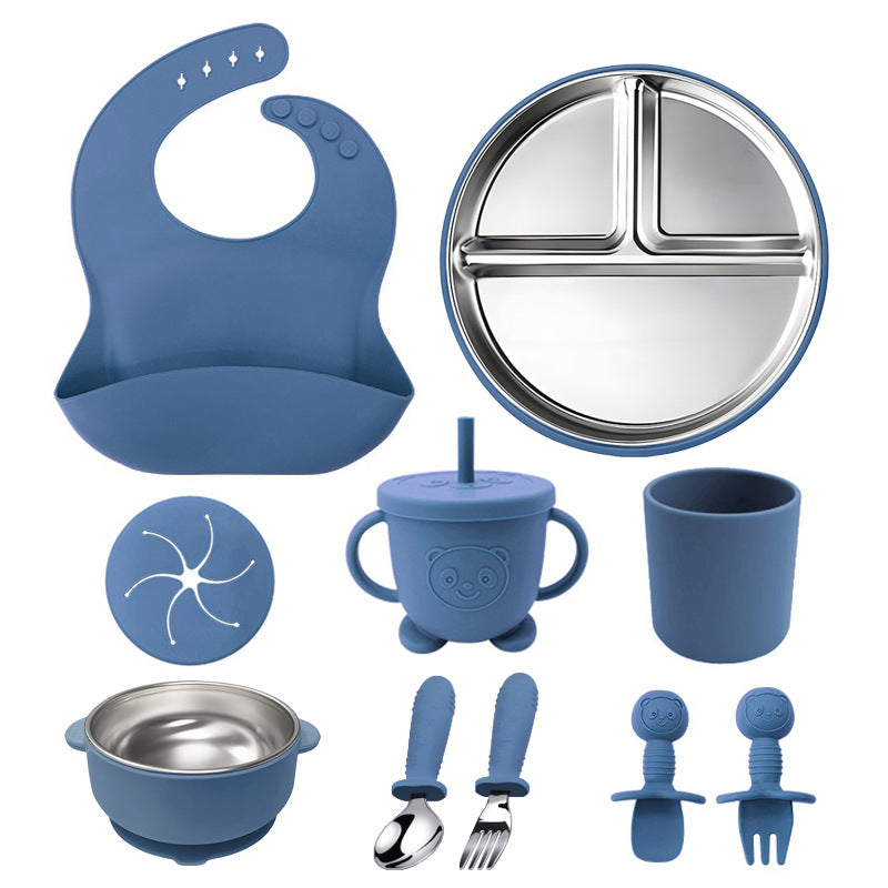 304 Stainless Steel Kids Tableware Set | 10-Piece Baby Feeding Bowl & Plate Combo | Durable Child-Safe Dishware | Includes Bib & Utensils | BPA-Free Non-Slip Base