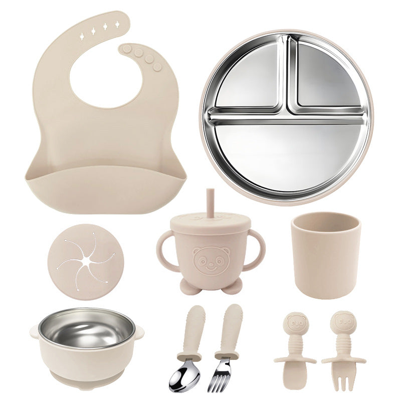 304 Stainless Steel Kids Tableware Set | 10-Piece Baby Feeding Bowl & Plate Combo | Durable Child-Safe Dishware | Includes Bib & Utensils | BPA-Free Non-Slip Base