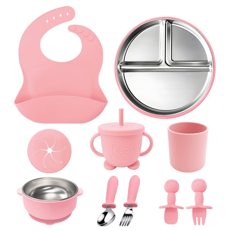 304 Stainless Steel Kids Tableware Set | 10-Piece Baby Feeding Bowl & Plate Combo | Durable Child-Safe Dishware | Includes Bib & Utensils | BPA-Free Non-Slip Base
