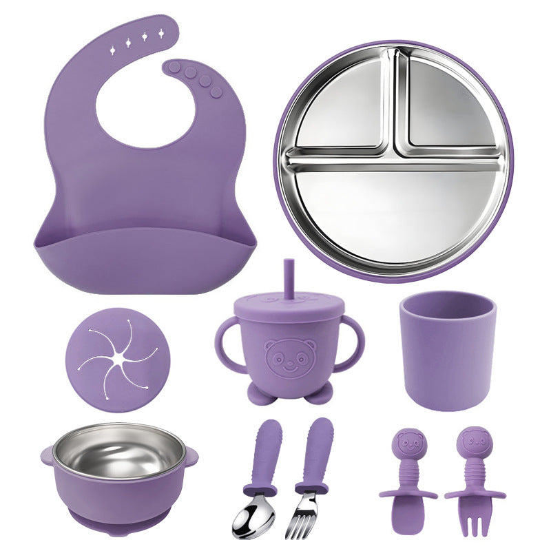 304 Stainless Steel Kids Tableware Set | 10-Piece Baby Feeding Bowl & Plate Combo | Durable Child-Safe Dishware | Includes Bib & Utensils | BPA-Free Non-Slip Base