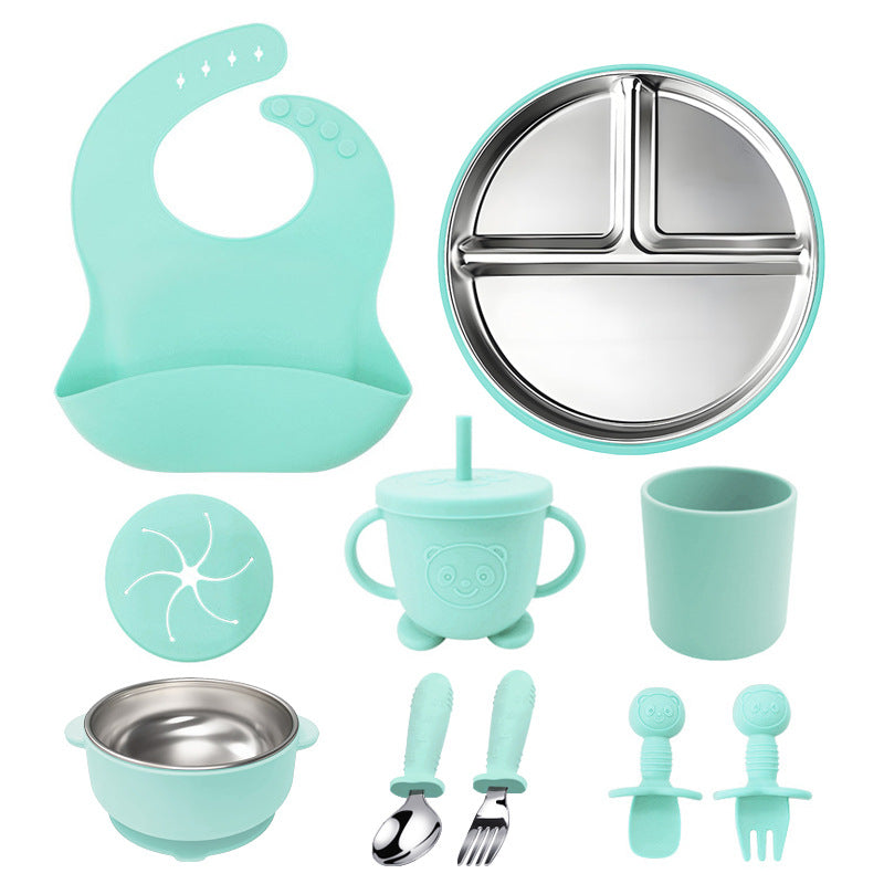 304 Stainless Steel Kids Tableware Set | 10-Piece Baby Feeding Bowl & Plate Combo | Durable Child-Safe Dishware | Includes Bib & Utensils | BPA-Free Non-Slip Base