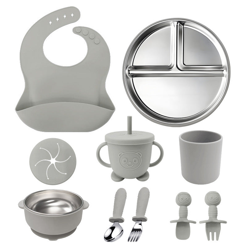 304 Stainless Steel Kids Tableware Set | 10-Piece Baby Feeding Bowl & Plate Combo | Durable Child-Safe Dishware | Includes Bib & Utensils | BPA-Free Non-Slip Base