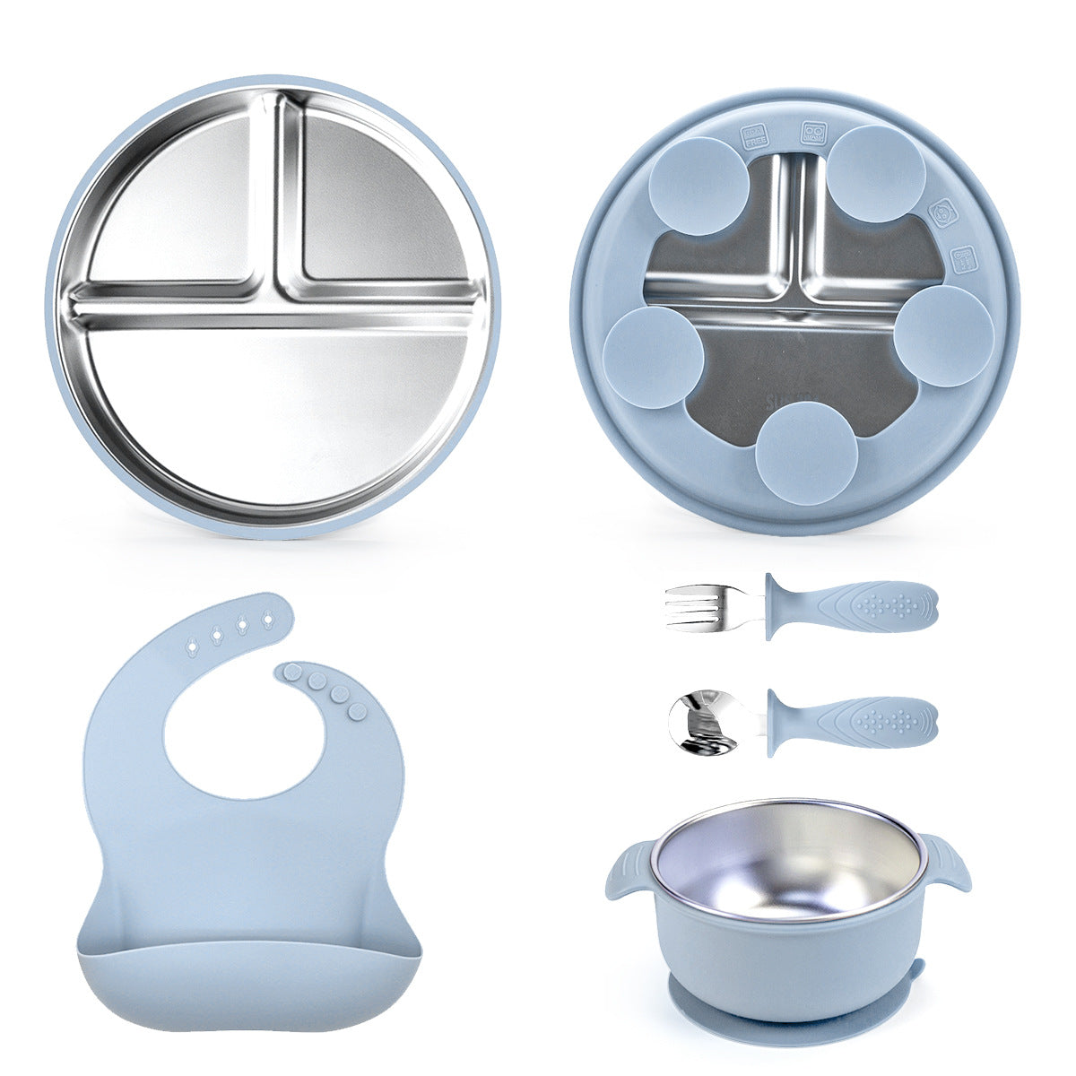 Stainless steel baby feeding set | Vacuum lock toddler plate | Partitioned smiley face plate | Steel-silicone utensils set | Self-feeding training tools