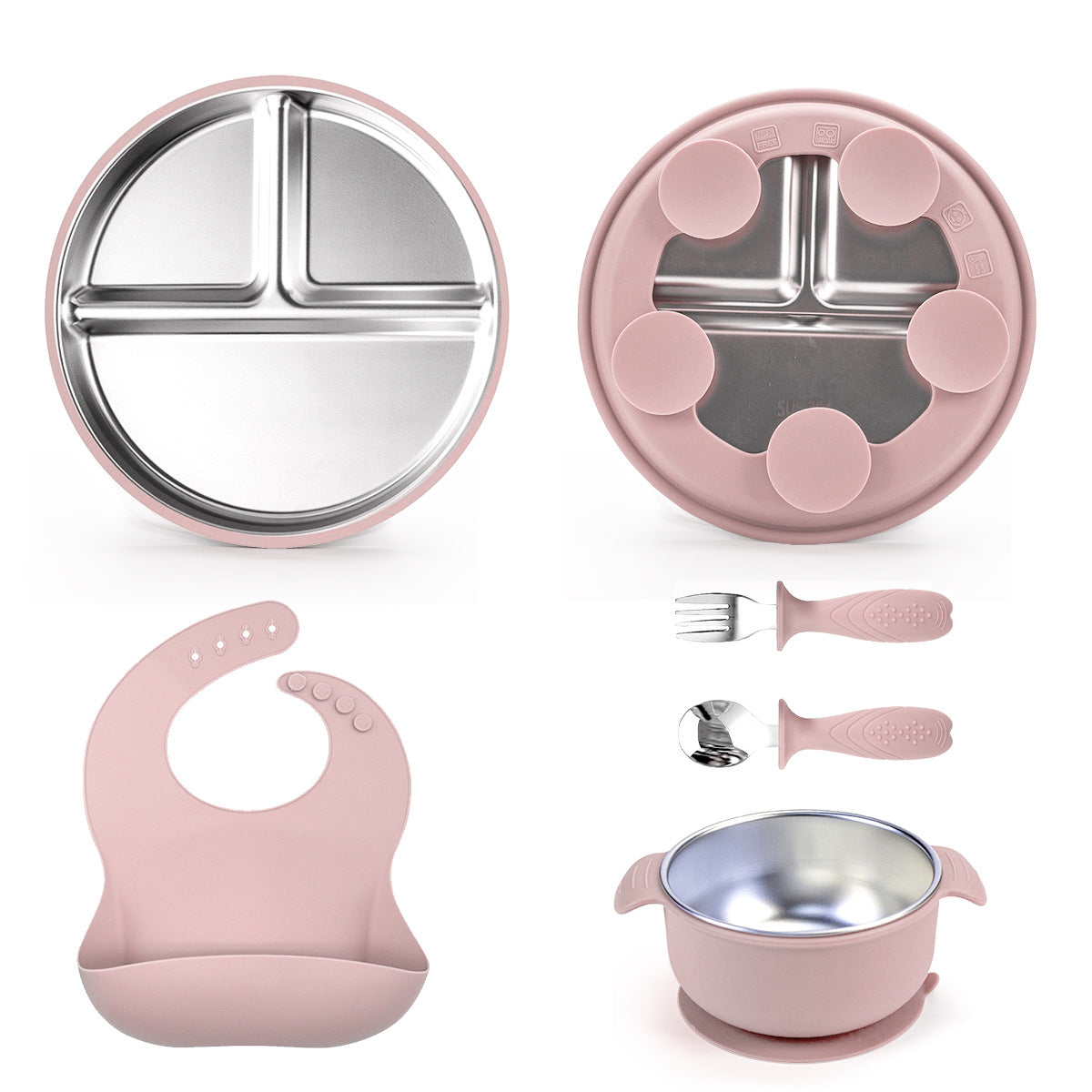 Stainless steel baby feeding set | Vacuum lock toddler plate | Partitioned smiley face plate | Steel-silicone utensils set | Self-feeding training tools