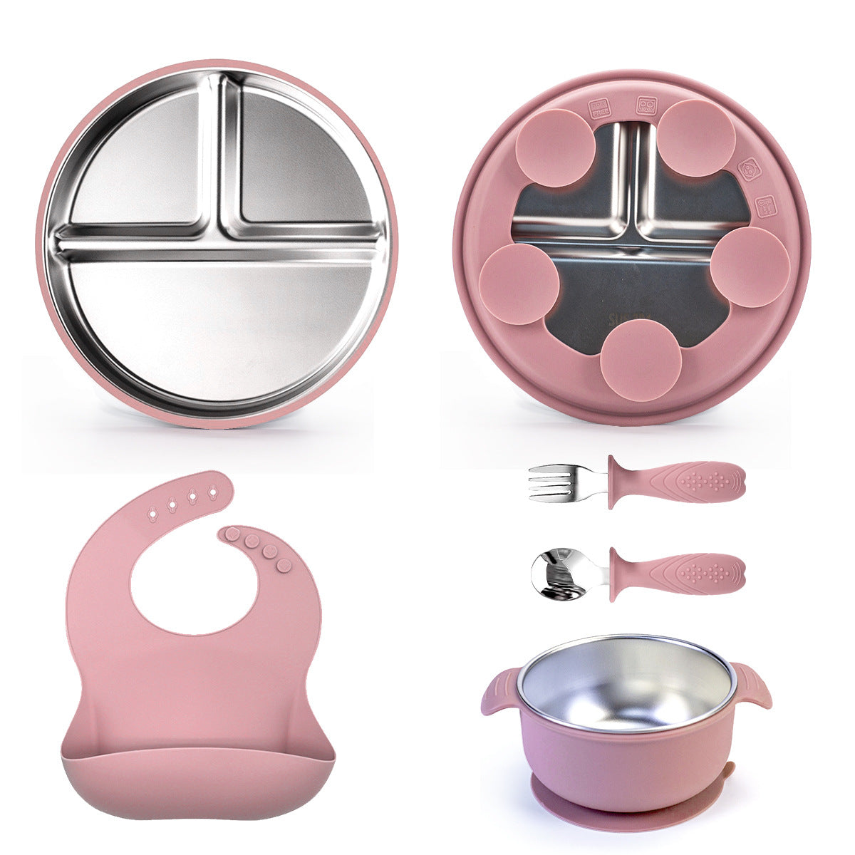 Stainless steel baby feeding set | Vacuum lock toddler plate | Partitioned smiley face plate | Steel-silicone utensils set | Self-feeding training tools