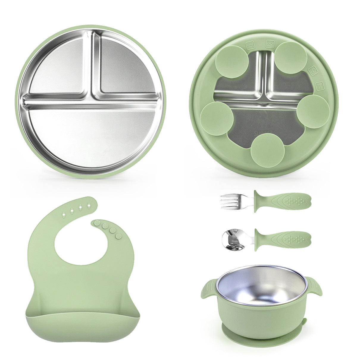 Stainless steel baby feeding set | Vacuum lock toddler plate | Partitioned smiley face plate | Steel-silicone utensils set | Self-feeding training tools