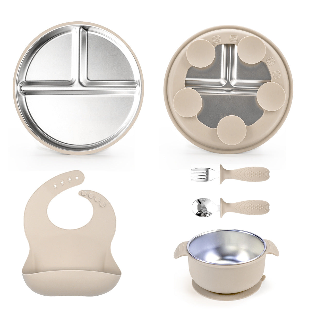 Stainless steel baby feeding set | Vacuum lock toddler plate | Partitioned smiley face plate | Steel-silicone utensils set | Self-feeding training tools