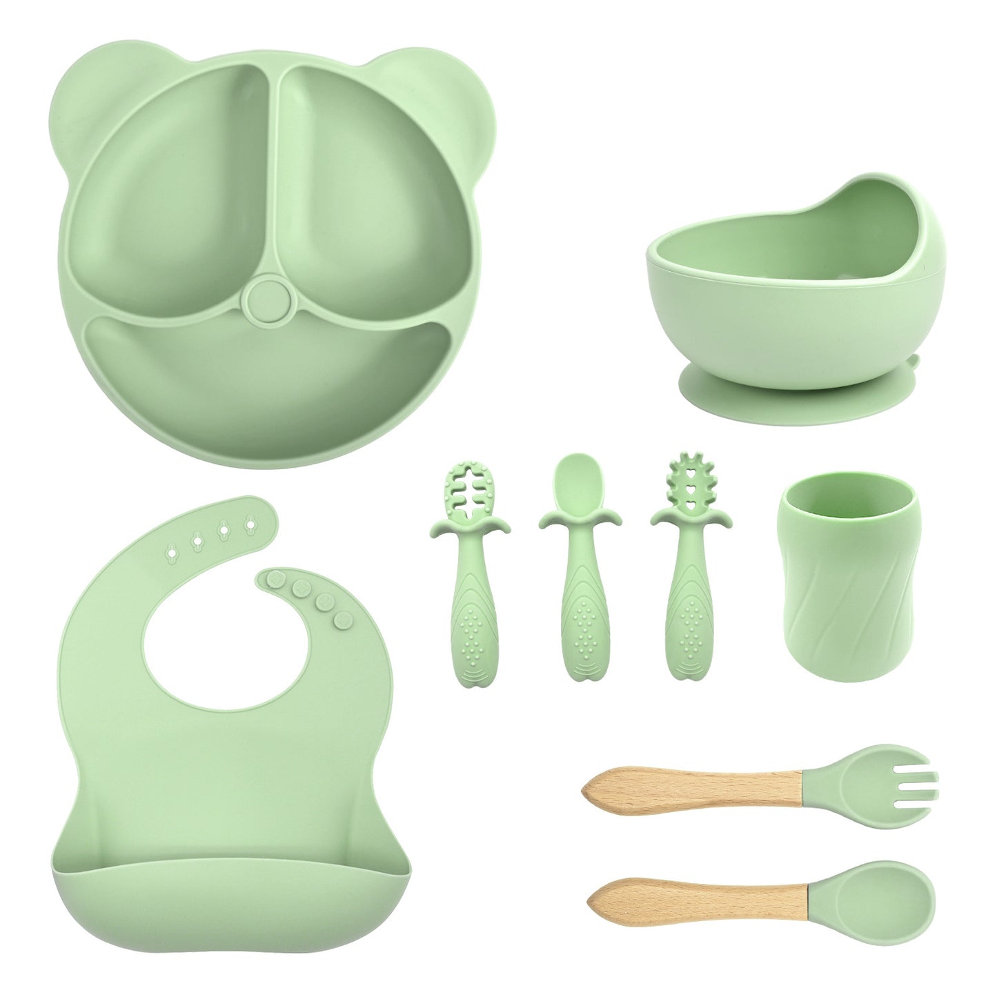 Silicone Baby Feeding Set | Divided Suction Plate and Bowl | Toddler Self Feeding Utensils | Baby Bib and Spoon Set | BPA Free Silicone Tableware
